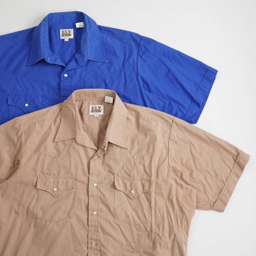 ELY Cattleman Western Pearl Snap Short Sleeve Shirt Blue Mens Size 17 Lot of 2